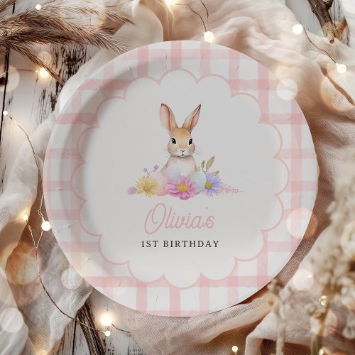 Some Bunny Pastel Spring Pink Gingham 1st Birthday Paper Plates