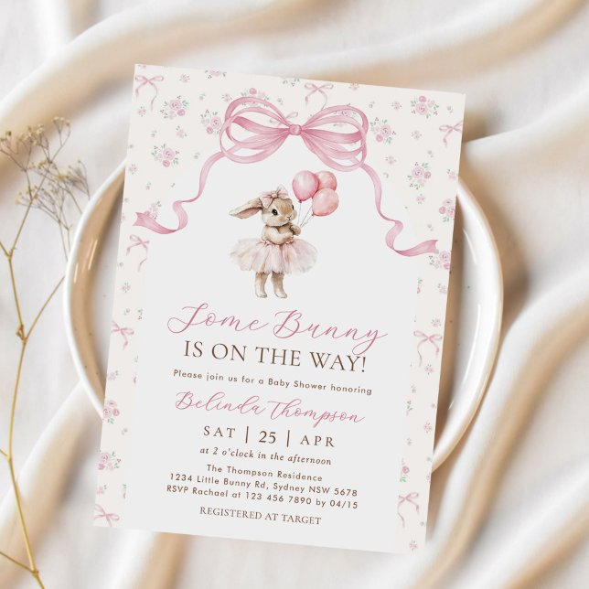 Some Bunny Pink Bow Floral Baby Shower Invitation (Creator Uploaded)