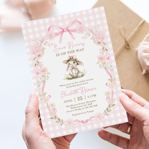 Some Bunny Pink Bow Gingham Baby Shower Invitation