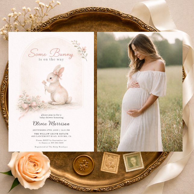 Some Bunny Pink Bow Photo Spring Baby Shower Invitation (Creator Uploaded)