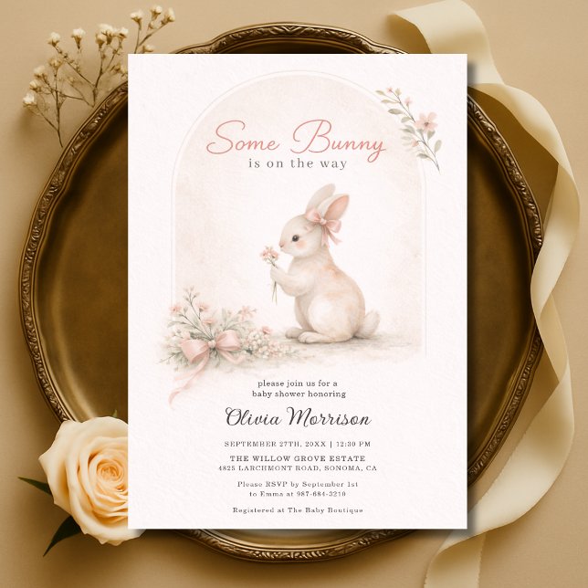 Some Bunny Pink Bow Spring Baby Shower Invitation (Creator Uploaded)