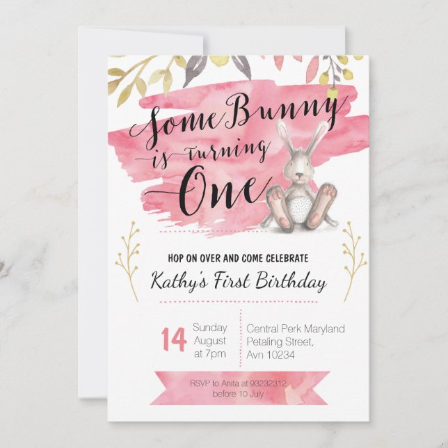 Some Bunny Pink First Birthday Invitation (Front)
