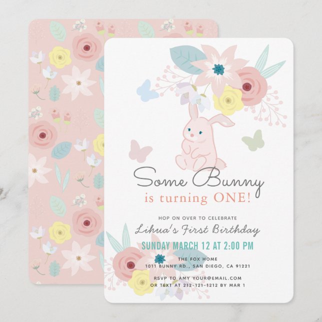 Some Bunny Pink Floral Butterfly 1st Birthday Invitation (Front/Back)