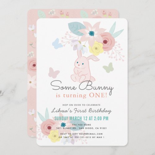 Some Bunny Pink Floral Butterfly 1st Birthday Invitation