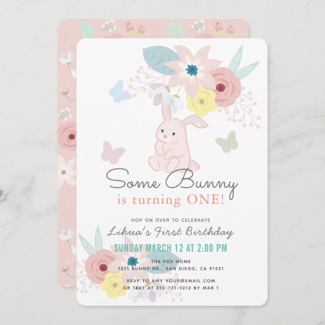 Some Bunny Pink Floral Butterfly 1st Birthday Invitation (Front/Back)