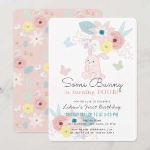 Some Bunny Pink Floral Butterfly Girl Birthday Invitation