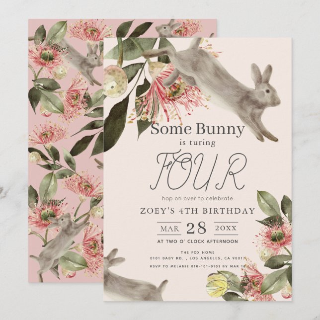 Some Bunny Pink Floral Girl Birthday Invitation (Front/Back)