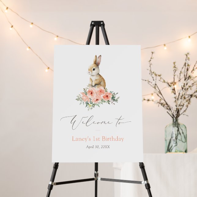 Some Bunny Pink Floral Girl Birthday Welcome Sign (In Situ (Stand))