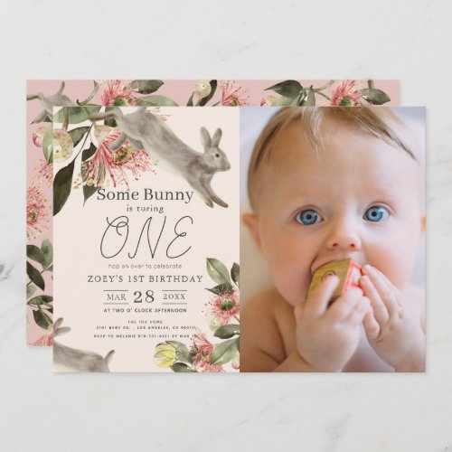 Some Bunny Pink Floral Girl Photo 1st Birthday Invitation