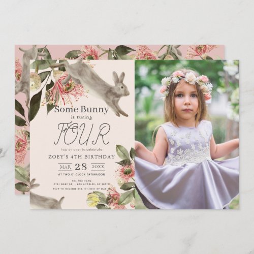 Some Bunny Pink Floral Girl Photo Birthday Invitation