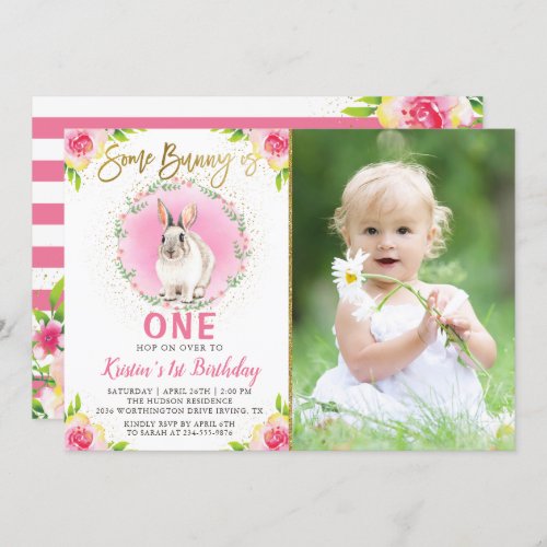 Some Bunny Pink Floral Gold Glitter Birthday Photo Invitation