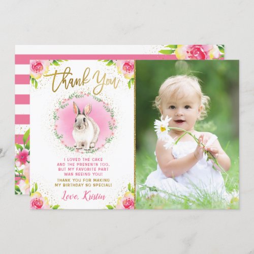 Some Bunny Pink Floral Gold Glitter Photo Birthday Thank You Card