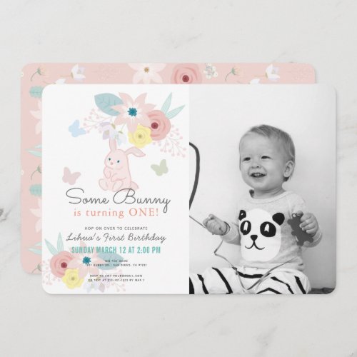 Some Bunny Pink Floral Photo 1st Birthday Invitation