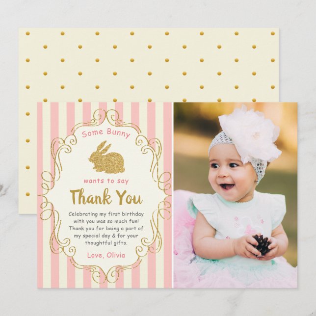 Some Bunny Pink & Gold Birthday Photo Thank You Card (Front/Back)