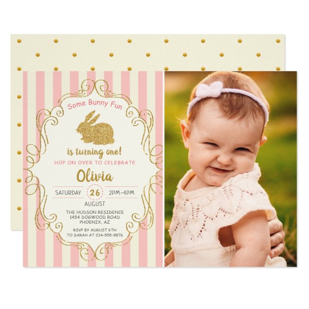 Some Bunny Pink & Gold Glitter Birthday Photo Card