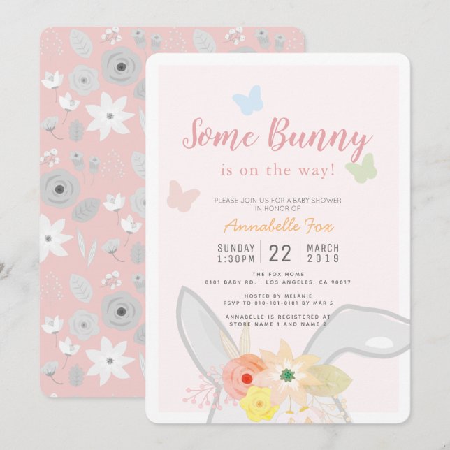 Some Bunny Pink Gray Floral Butterfly Baby Shower Invitation (Front/Back)