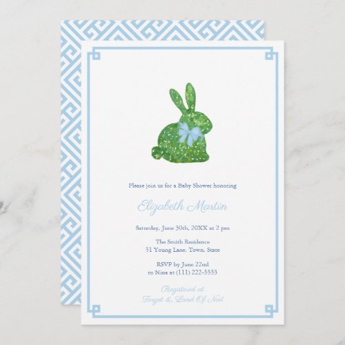 Some Bunny Preppy Spring Little Boy Baby Shower Invitation - This smart baby shower invitation design features a bunny rabbit in Boxwood topiary adorned with floppy blue bow. Watercolor elements were painted by me onto 100% cotton paper and scanned into digital form. The crest shape is by another artist. 