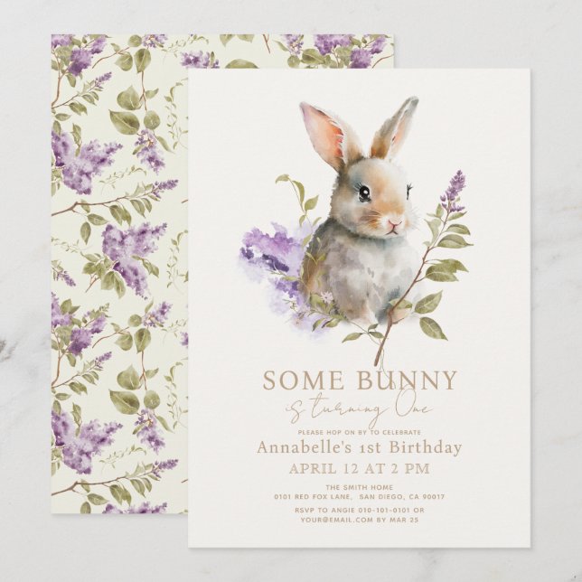 Some Bunny Purple Lilac Floral 1st Birthday Invitation (Front/Back)