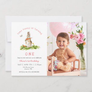 Some bunny Rabbit Girl 1st birthday Photo Invitation