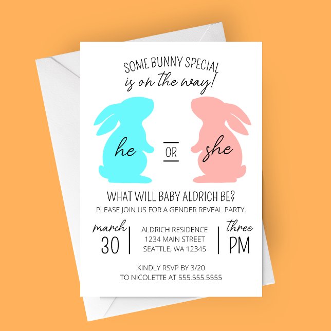 Some Bunny Special Gender Reveal Party Invitation (Bunny on the Way Modern Gender Reveal Party Invitation with Blue and Pink Bunnies)
