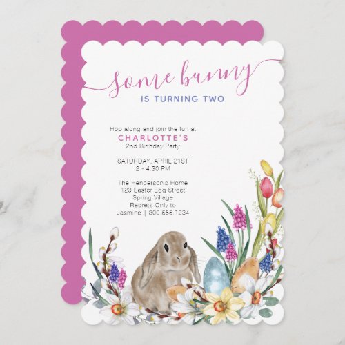 Some Bunny Spring Flowers and Cute Rabbit Birthday Invitation