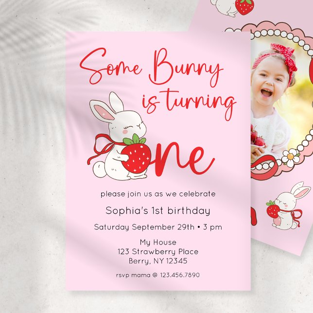 Some Bunny Strawberry 1st Birthday Photo Invitation (Creator Uploaded)