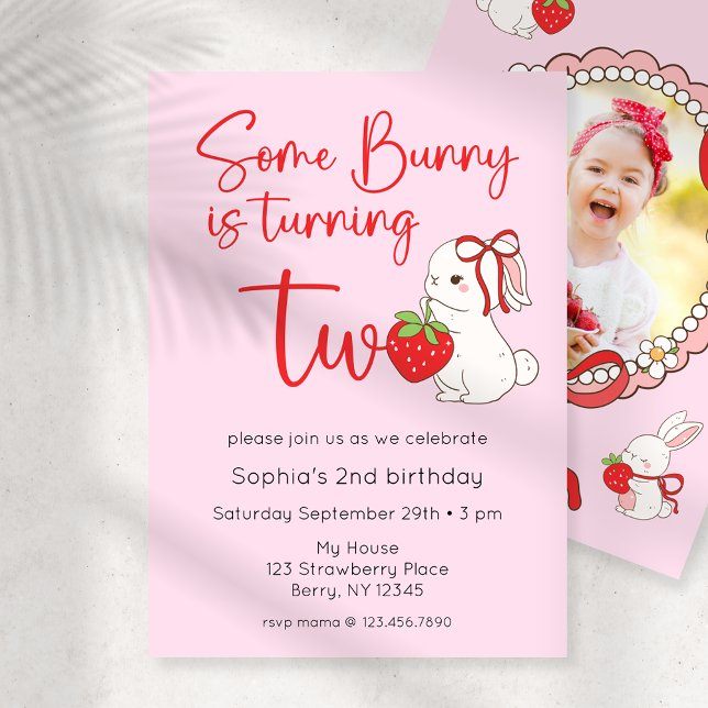 Some Bunny Strawberry 2nd Birthday Photo Invitation (Creator Uploaded)