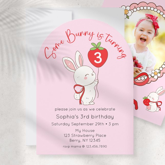 Some Bunny Strawberry Pink Birthday Photo Invitation (Creator Uploaded)