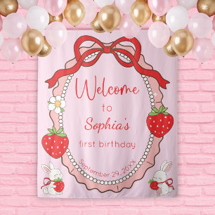 Some Bunny Strawberry Pink Frame Birthday Backdrop