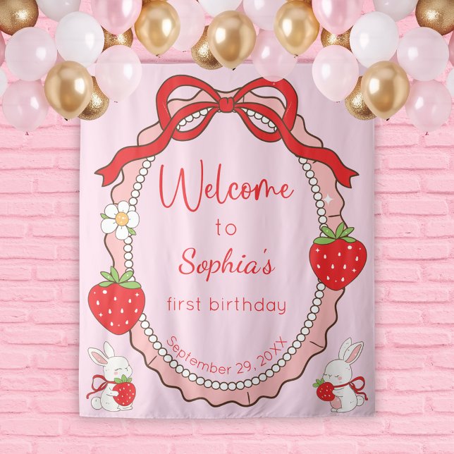 Some Bunny Strawberry Pink Frame Birthday Backdrop (Creator Uploaded)