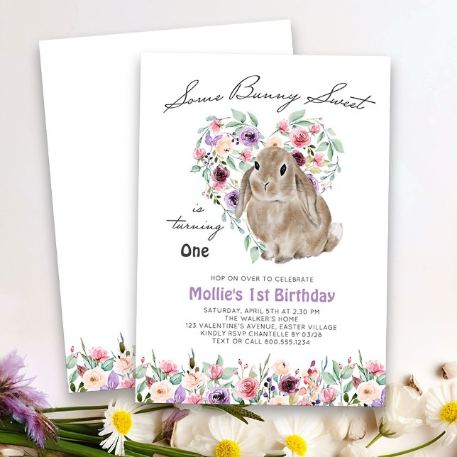 Some Bunny Sweet Floral Love Heart 1st Birthday Invitation (Some Bunny Sweet girls birthday invitation - perfect for spring or easter)