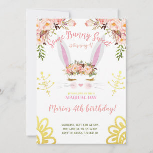 Some Bunny Sweet Gold Floral Rabbit face Birthday Invitation
