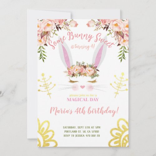 Some Bunny Sweet Gold Floral Rabbit face Birthday Invitation