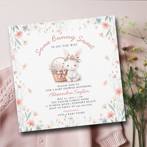 Some Bunny Sweet Wildflowers Pink Bow Baby Shower Invitation