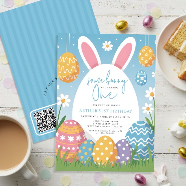 Some Bunny Turning One Easter 1st Birthday QR code Invitation (Creator Uploaded)