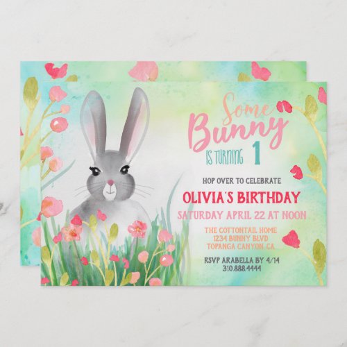 Some Bunny Watercolor Flowers Birthday Invitation