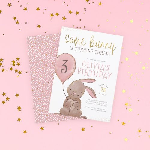 Some Bunny Watercolor Pink  Gold Birthday Party Invitation