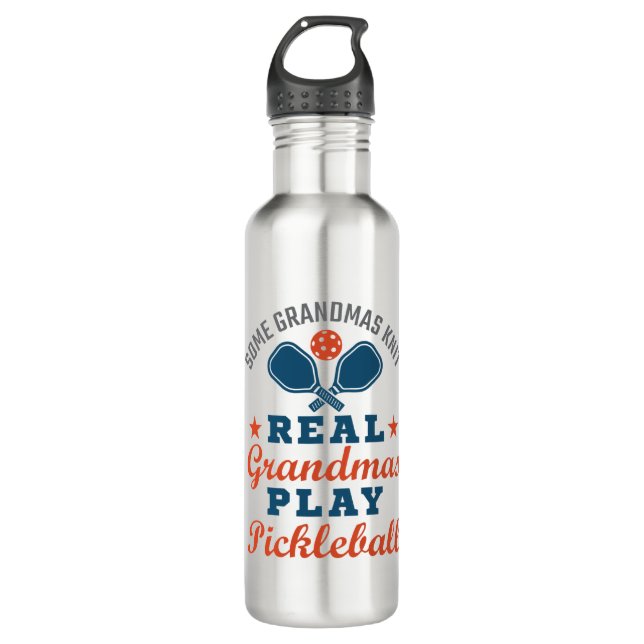 Some Grandmas Knit Real Grandmas Play Pickleball Stainless Steel Water Bottle (Front)