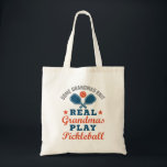 Some Grandmas Knit Real Grandmas Play Pickleball Tote Bag<br><div class="desc">This funny design is perfect for a grandma or grandmother who loves to play pickleball. The artwork features a pickle ball paddle and ball graphic and says,  "Some grandmas knit real grandmas play pickleball." Grab one to celebrate Grandparent's Day.</div>