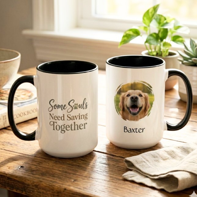 Some Souls Need Saving Together Animal Rescue Mug (A black handled mug for a pet foster mom to enjoy while celebrating a successful adoption.)