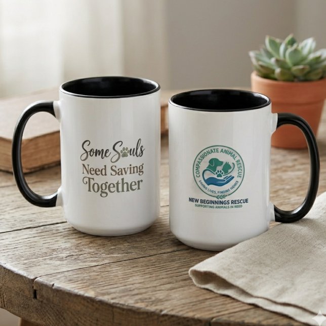 Some Souls Need Saving Together Rescue Logo Mug (A black handled mug for a rescue founder to use during a shelter fundraising event.)