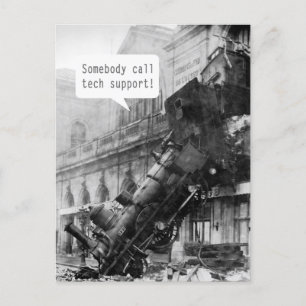 Somebody Call Tech Support Train Wreck Postcard