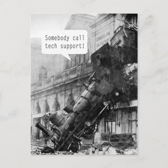 Somebody Call Tech Support Train Wreck Postcard (Front)