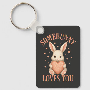 Somebunny Loves You Cute Bunny on Dark Charcoal Keychain