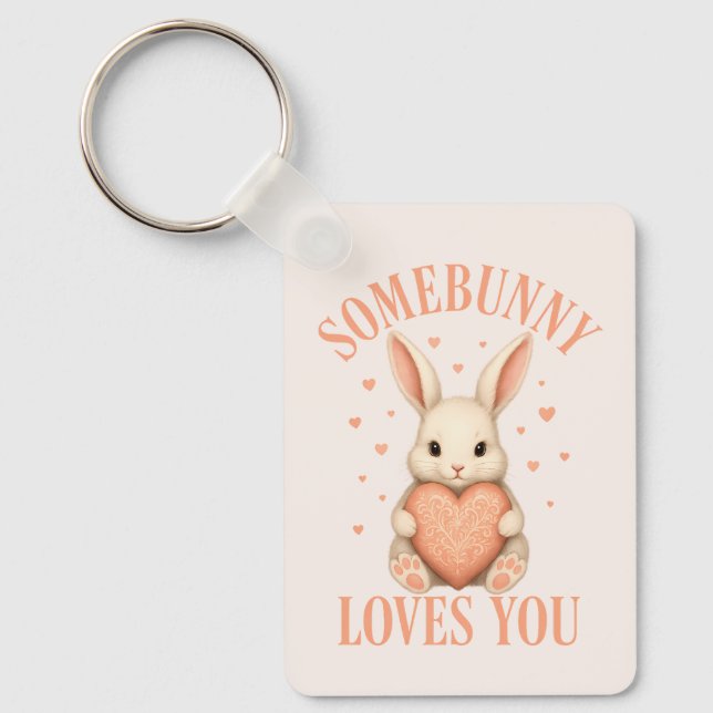Somebunny Loves You Cute Bunny on Soft Blush Keychain (Front)
