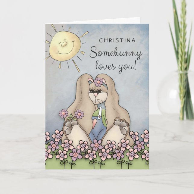 Somebunny Loves You! Girl Bunny Personalized Holiday Card (Front)