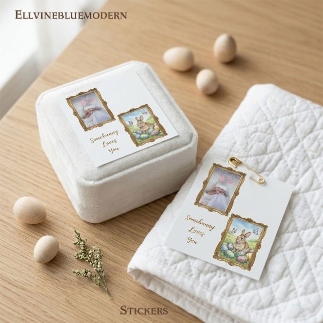 Somebunny Loves You Photo Frame Easter Square Sticker (Custom "Somebunny Loves You" seal: the perfect sentimental touch for family gifts and favors.)