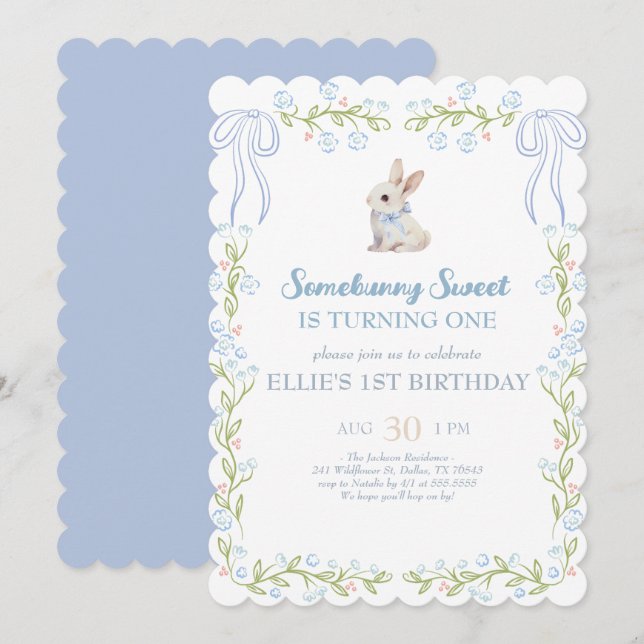 Somebunny Sweet Bunny 1st Birthday Spring Floral I Invitation (Front/Back)