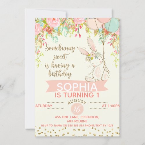 Somebunny Sweet Bunny First Birthday Invitation