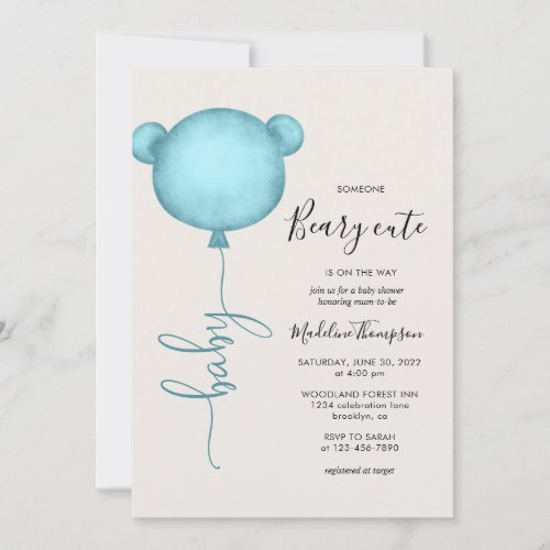 Someone Beary Cute Blue Balloon Baby Shower Invitation
